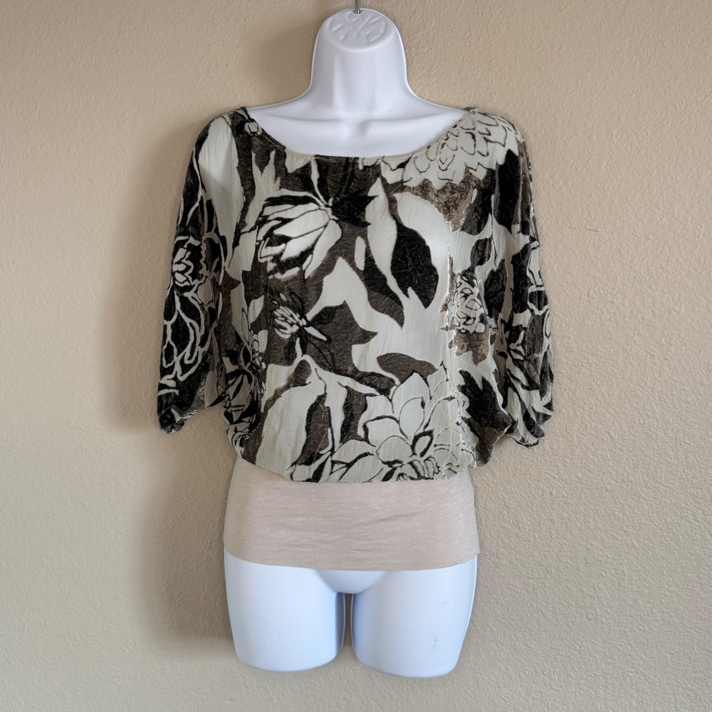 Y2K Womens XS Floral Velvet Burnout Sheer Blouson Top Dolman Going Out Feminine